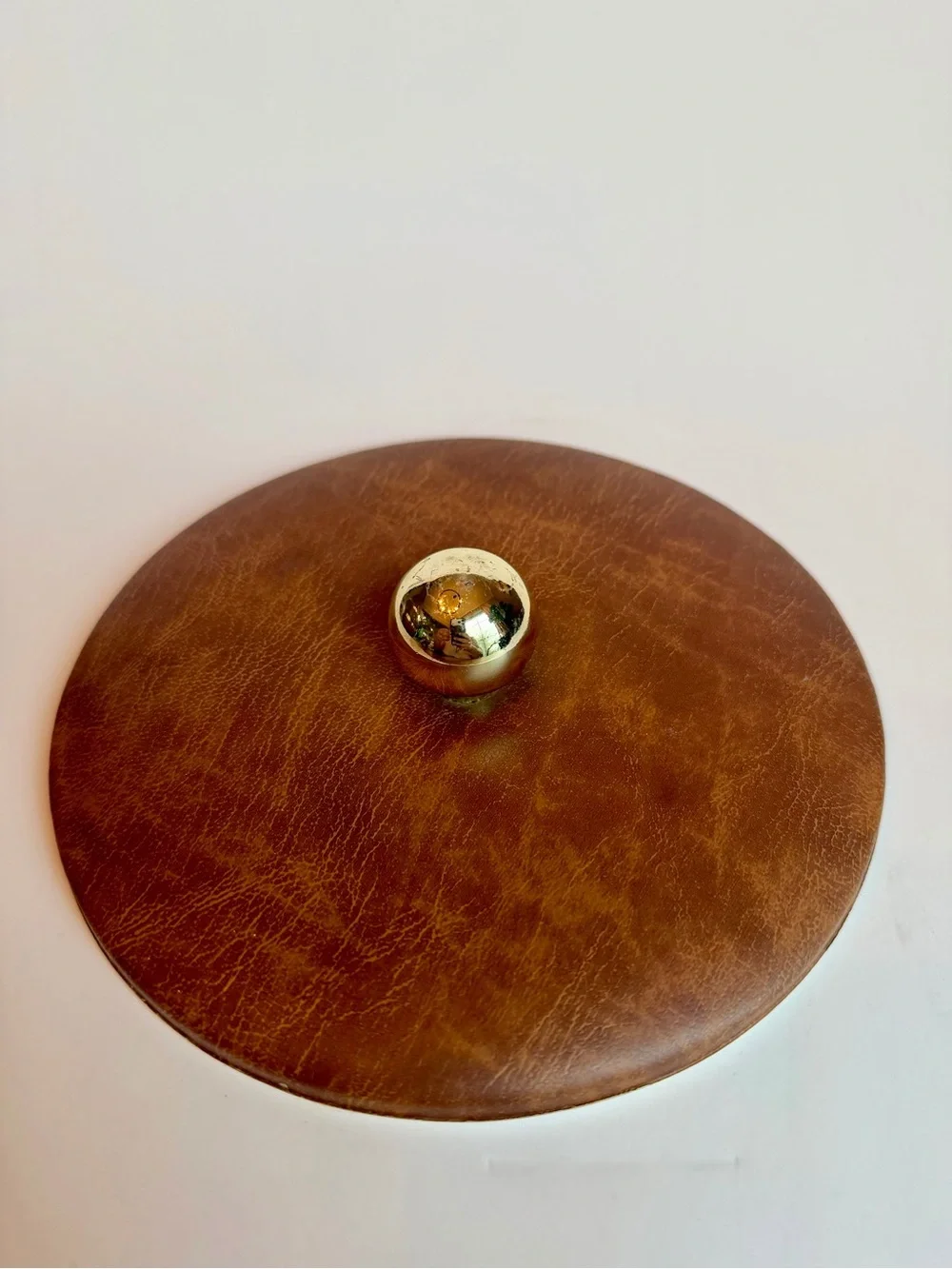 Vintage Faux Leather Ice Bucket Gold Tone Handle Mid Century Barware Brown
